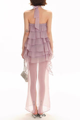 Backless Multi-layer Ruffle slit maxi dress in lilac
