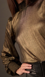 GOLDEN AGE METALLIC BISHOP-SLEEVE MOCK NECK TOP