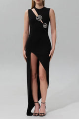 Crystal Rose Detailed High-Slit Black Dress