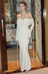 lila flower embellished pleated strapless maxi dress in white