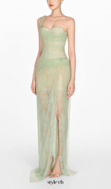 ONE SHOULDER MESH RUCHED MIDI DRESS IN GREEN