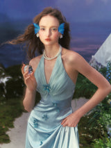 Butterfly Princess Halter midi Dress in light blue