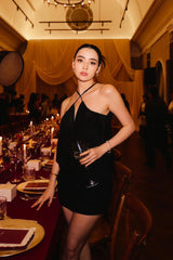 cheryl ruched halter bodycon mini dress in black