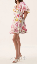 vanessa puff sleeve collage fleur mini dress