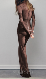 long sleeve mesh insert draped maxi dress