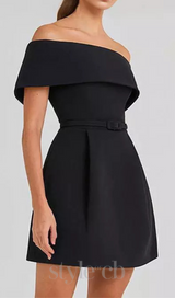 belted off-shoulder a-line mini dress in black