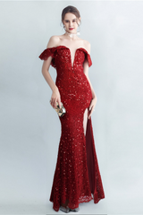 RED OFF-SHOULDER SEQUIN DRESS