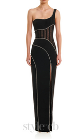 TRACY CRYSTAL STRIPE EMBELLISHED ONE-SHOULDER BLACK MAXI DRESS