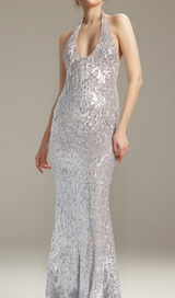 BARBARA HALTER SEQUIN MAXI DRESS IN SILVER