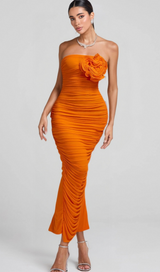 ORANGE OPEN BACK RUCHED FLOWER BODYCON MAXI DRESS