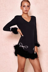 LONG SLEEVE BOW CRYSTAL FEATHER DRESS