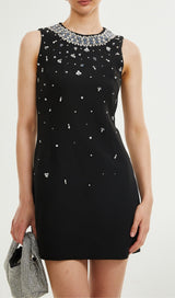 CRYSTAL-EMBELLISHED MINI DRESS IN BLACK