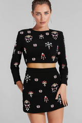 BLACK RHINESTONE EMBELLISHED SKIRT SET