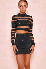 PATCHWORK RHINESTONE SKIRT IN BLACK