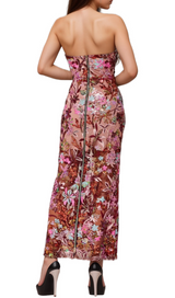 arabela CHACHI RED STRAPLESS FLOWER EMBROIDERY MAXI DRESS