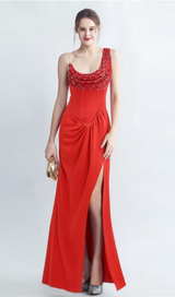 ELMA ONE-SHOULDER CRYSTAL DETAIL HIGH SLIT MAXI DRESS IN RED