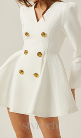 gold-button pleated peplum-hem white blazer dress