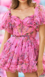 Tulle floral print balloon sleeve mini dress in pink