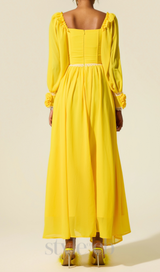 Chiffon 3D Flower Long Sleeve Midi Dress in yellow