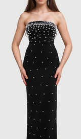 pearl-embellished strapless gown in black
