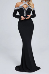 Halter Pearl Crystal-Trim Gown in black