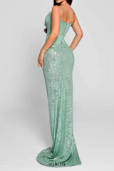 sequin ruched high slit maxi dress in green