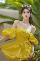 Bonnie puff strapless Mini Dress in yellow