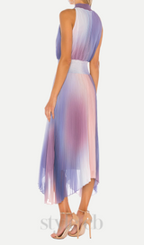 halter neck pleated midi dress in lavender tie dye