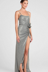 SARA SLIVER SEQUIN STEREO FLOWER SPAGHETTI STRAPS MAXI DRESS