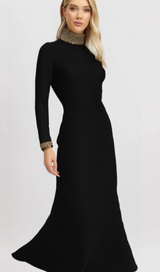 YVONNE LONG SLEEVE GOLD BEAD BANDAGE MIDI DRESS IN BLACK