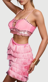 PINK RHINESTONE CUTOUT FRINGE DRESS