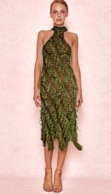 HALTERNECK BACKLESS HOLLOW MIDI DRESS IN GREEN