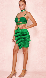GREEN RHINESTONE CUTOUT FRINGE DRESS