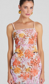 MULTICOLOR EMBROIDERED HOLLOW FRINGE MIDI DRESS