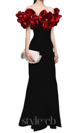 red flower embellished strapless Bandage maxi dress