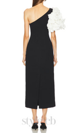 white flower embellished strapless black midi dress