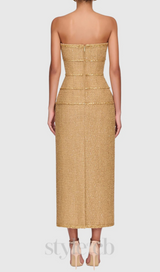 Elborno Gold Embellished Strapless Midi Dress