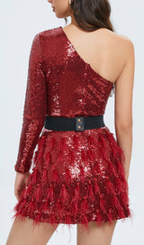 ONE-SHOULDER FEATHER SEQUINS MINI DRESS