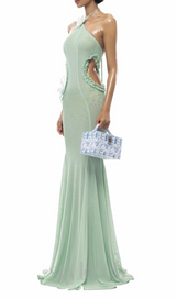 Butterfly Slip Halterneck Tulle maxi Dress in Green