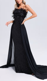 BLACK FEATHER SEQUIN MAXI DRESS