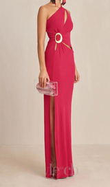 one-shoulder cutout side slit maxi dress in magenta