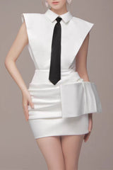 White Bowknot Mini Dress With Necktie