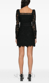 floral-motif hollow lace mini dress in black