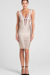 METALLIC BANDAGE MIDI DRESS IN APRICOT