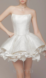 bow trim strapless mini dress in white