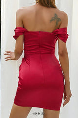 off-shoulder satin pleated mini dress in red
