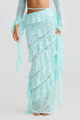 crafted rope crop top lace skirt set in pale blue