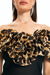 3d flower leopard pattern bandage maxi dress in black