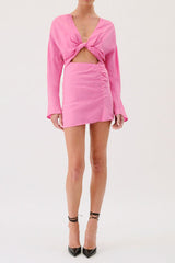 Long Sleeve Twist Front Mini Dress - Pink