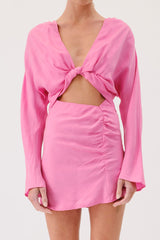 Long Sleeve Twist Front Mini Dress - Pink